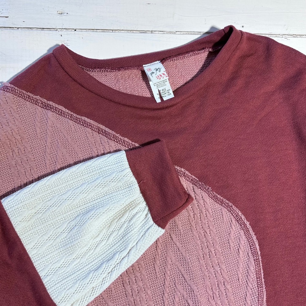 7th Ray Womens Colorblock Cable Knit Sweatshirt Burgundy Pink Small T-5070